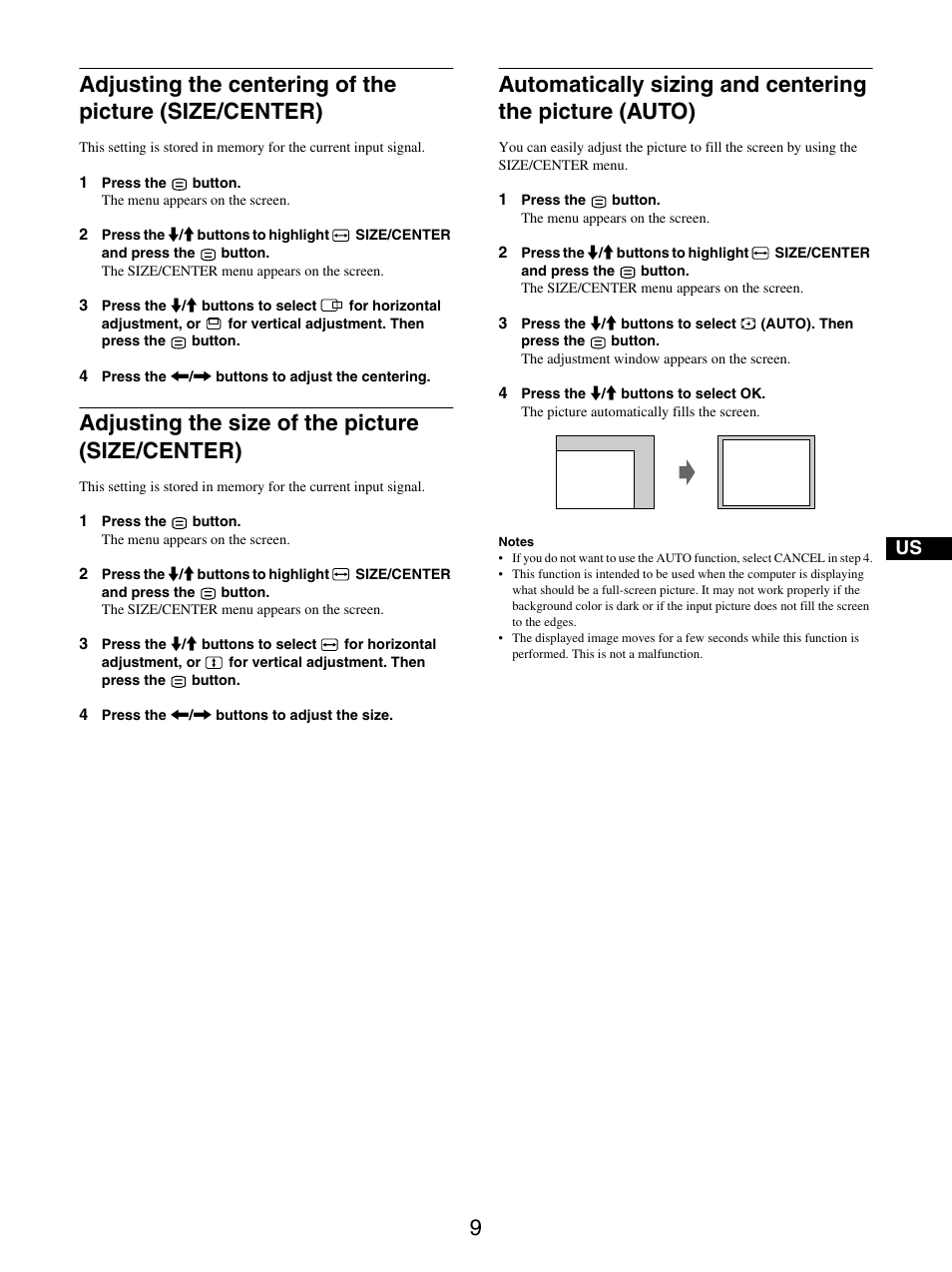 Adjusting the size of the picture (size/center) | IBM P275 User Manual | Page 11 / 23