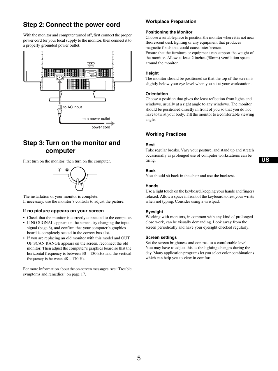 Step 2: connect the power cord, Step 3: turn on the monitor and computer, Step 2 | Step 3 | IBM P275 User Manual | Page 7 / 23
