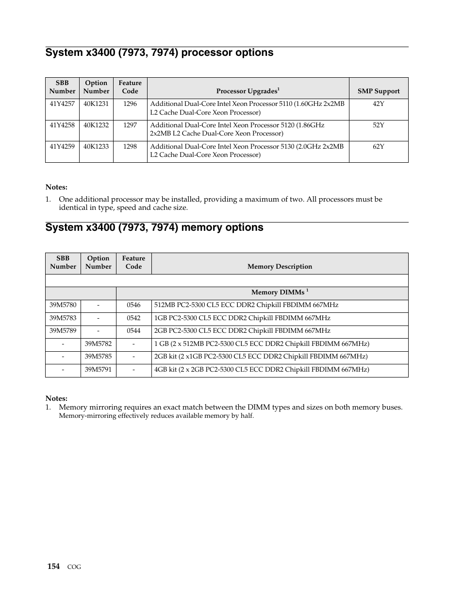 System x3400 (7973, 7974) processor options, System x3400 (7973, 7974) memory options | IBM SCOD-3ZVQ5W User Manual | Page 162 / 548