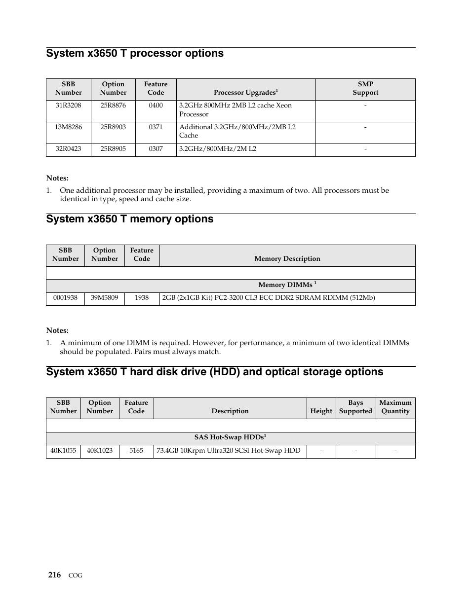 System x3650 t processor options, System x3650 t memory options | IBM SCOD-3ZVQ5W User Manual | Page 224 / 548