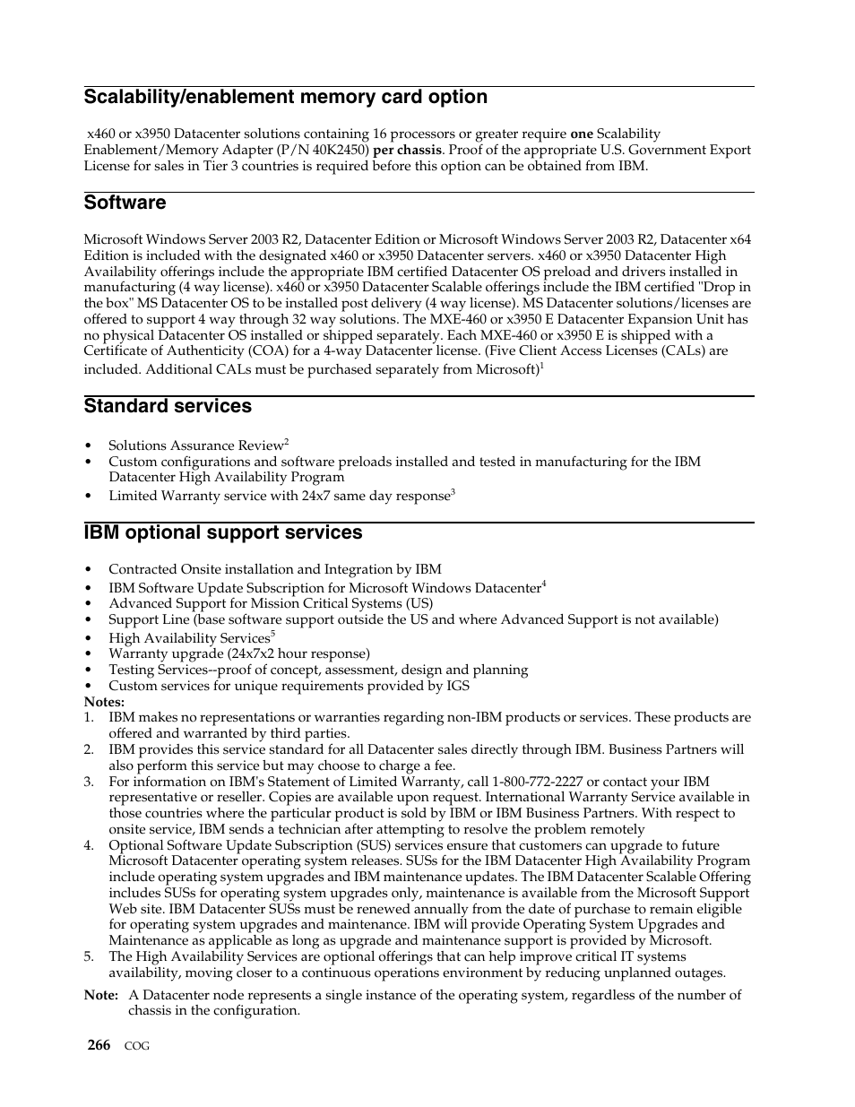 Scalability/enablement memory card option, Software, Standard services | Ibm optional support services | IBM SCOD-3ZVQ5W User Manual | Page 274 / 548
