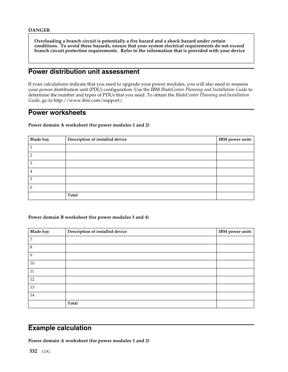 Power distribution unit assessment, Power worksheets, Example calculation | IBM SCOD-3ZVQ5W User Manual | Page 540 / 548