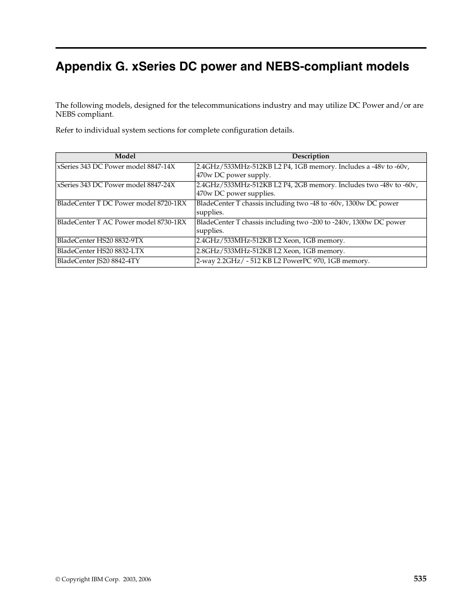 Appendix g. xseries dc power and nebs, Compliant models | IBM SCOD-3ZVQ5W User Manual | Page 543 / 548
