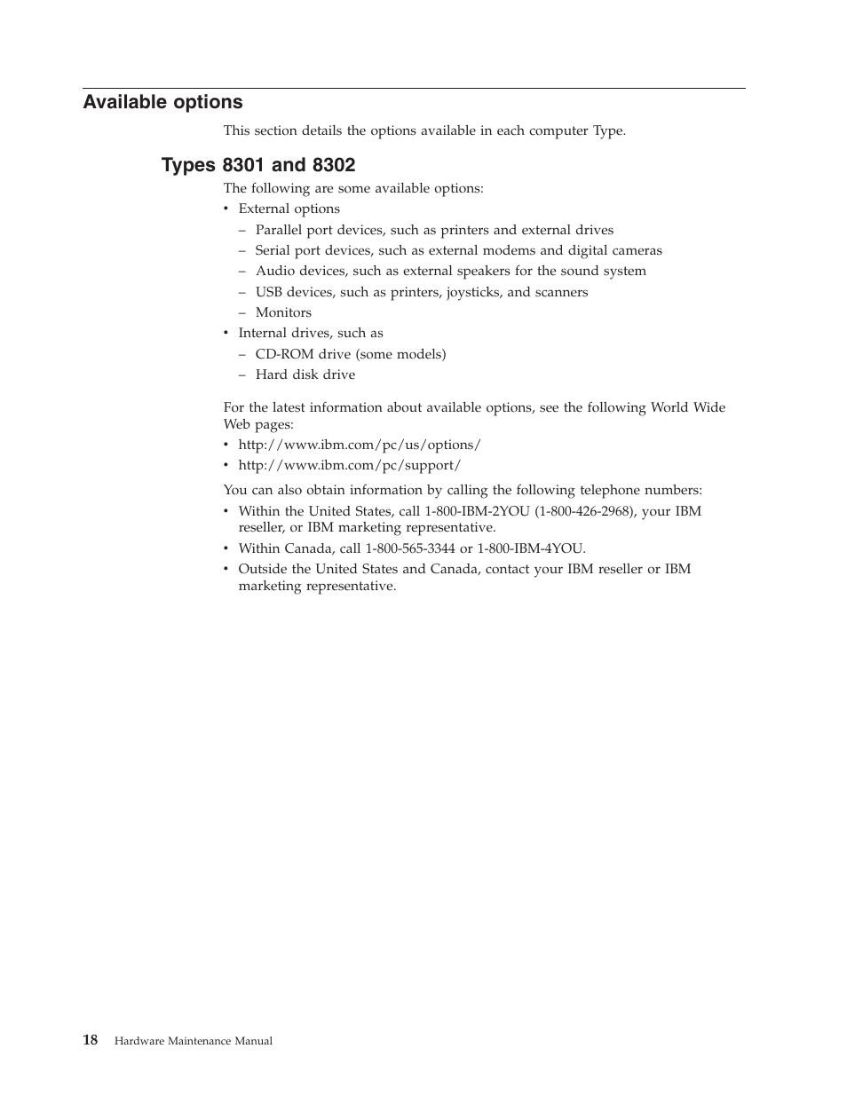 Available options, Types 8301 and 8302, Available | Options, Types | IBM 8306 User Manual | Page 24 / 314