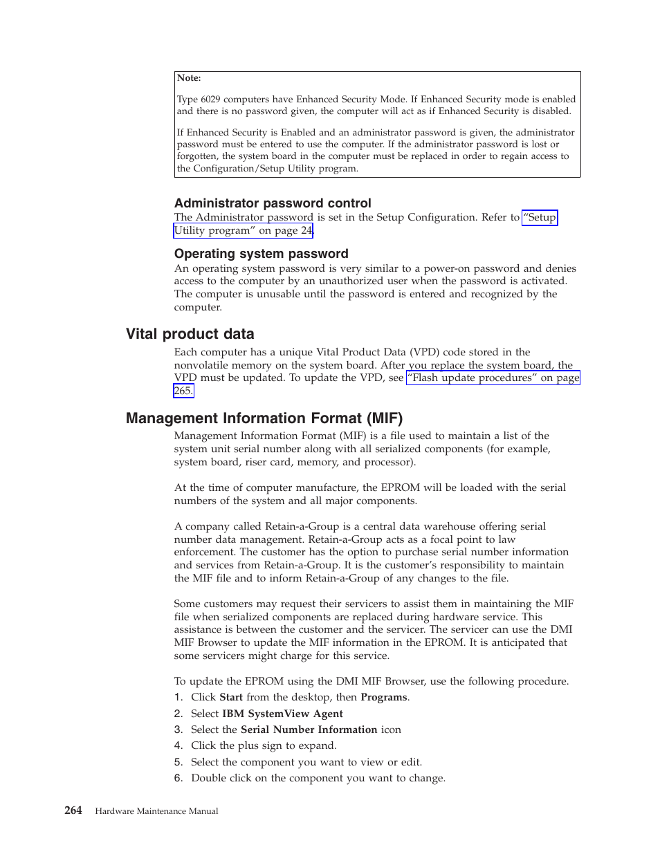 Administrator password control, Operating system password, Vital product data | Management information format (mif), Vital, Product, Data, Management, Information, Format | IBM 8306 User Manual | Page 270 / 314
