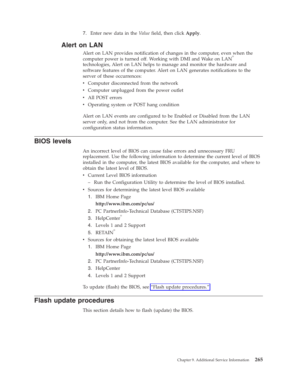 Alert on lan, Bios levels, Flash update procedures | Alert, Bios, Levels, Flash, Update, Procedures | IBM 8306 User Manual | Page 271 / 314