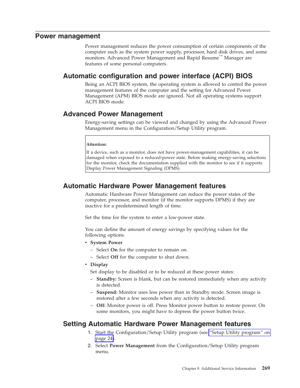Power management, Advanced power management, Automatic hardware power management features | Power, Management, Automatic, Configuration, Interface, Acpi), Bios | IBM 8306 User Manual | Page 275 / 314