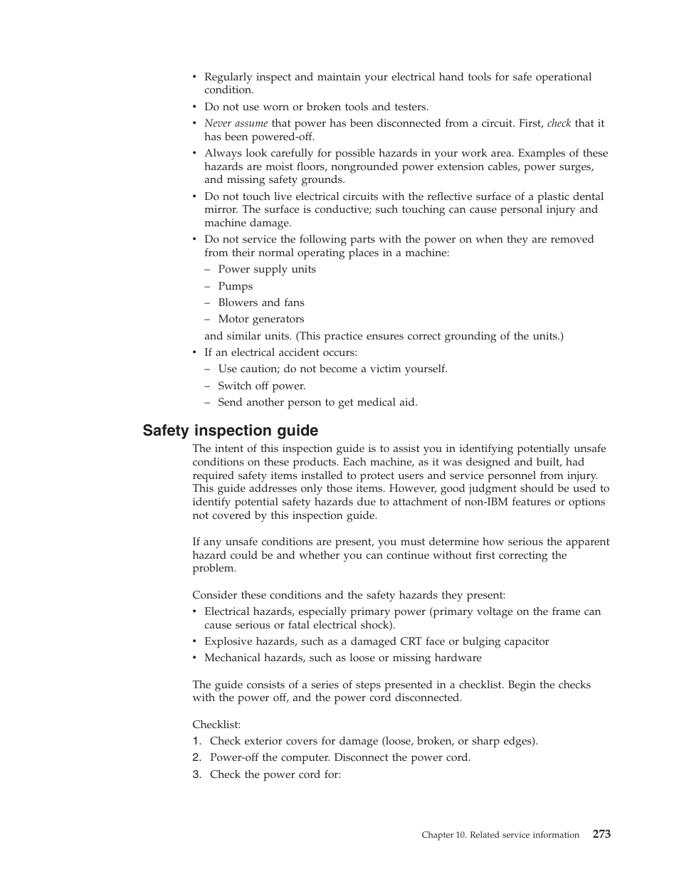 Safety inspection guide, Safety, Inspection | Guide | IBM 8306 User Manual | Page 279 / 314