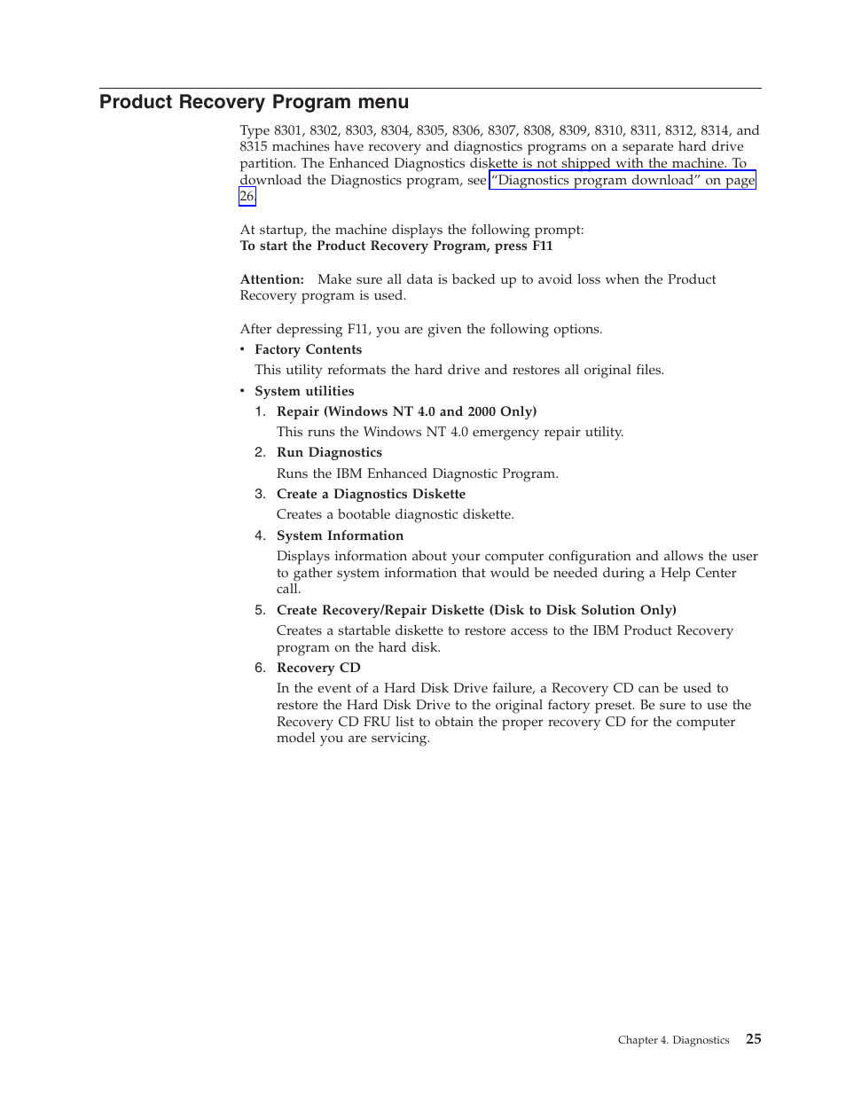 Product recovery program menu, Product, Recovery | Program, Menu | IBM 8306 User Manual | Page 31 / 314