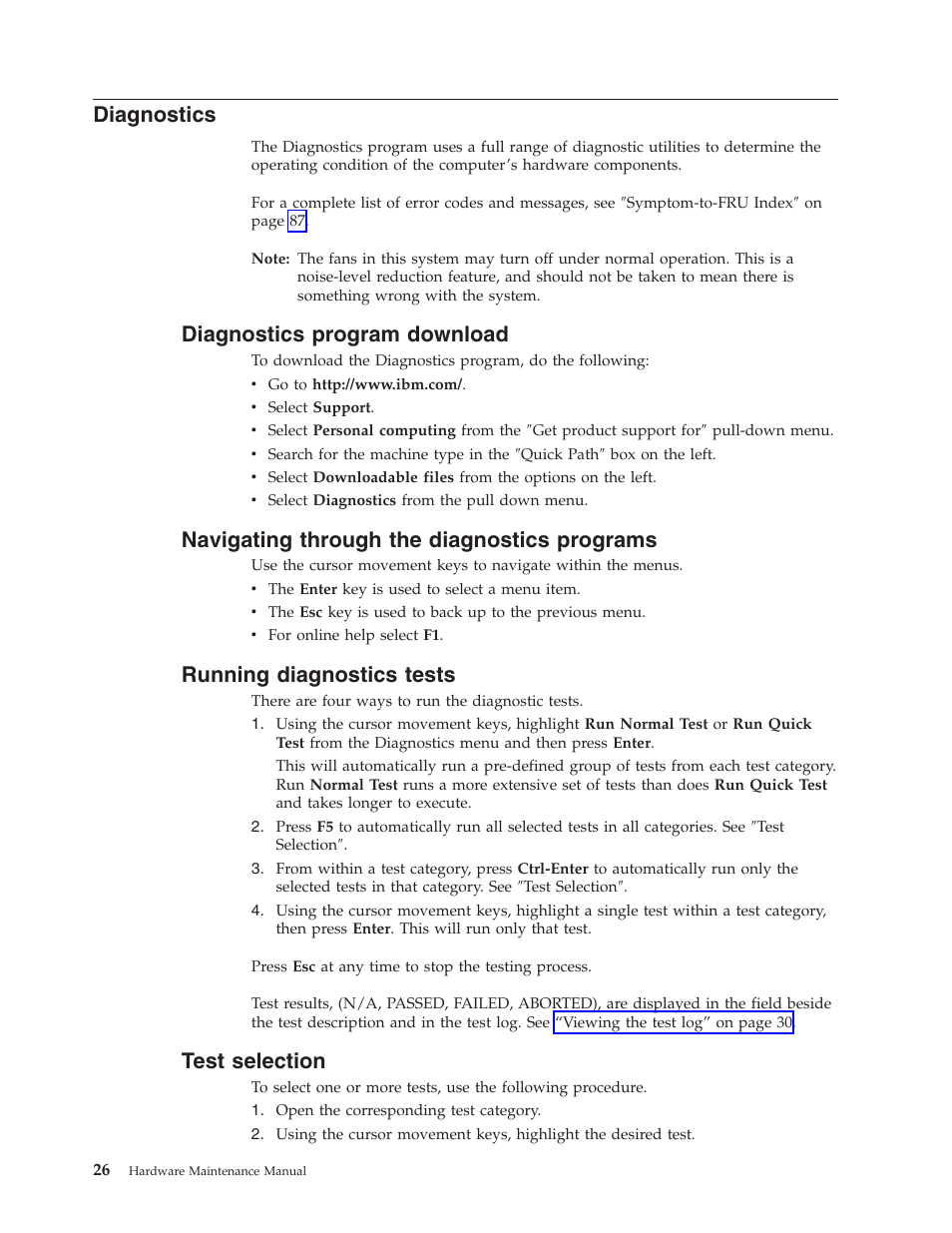 Diagnostics, Diagnostics program download, Navigating through the diagnostics programs | Running diagnostics tests, Test selection, Program, Download, Navigating, Through, Programs | IBM 8306 User Manual | Page 32 / 314
