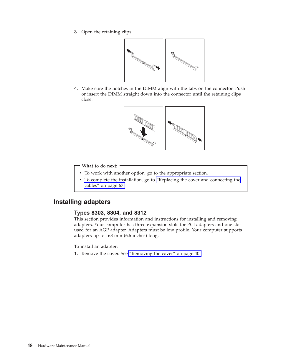 Installing adapters, Types 8303, 8304, and 8312, Installing | Adapters | IBM 8306 User Manual | Page 54 / 314