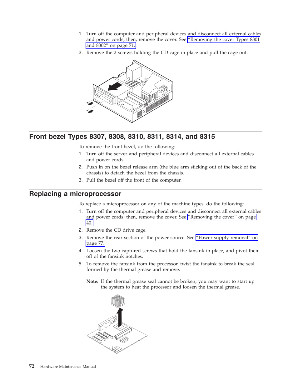 Replacing a microprocessor, Front, Bezel | Types, Replacing, Microprocessor | IBM 8306 User Manual | Page 78 / 314