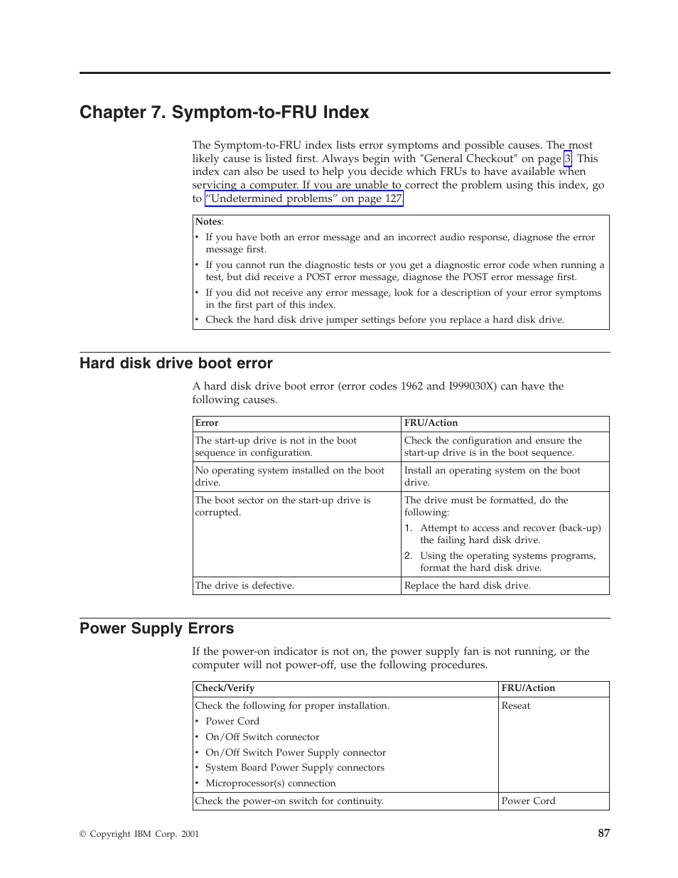 Chapter 7. symptom-to-fru index, Hard disk drive boot error, Power supply errors | Chapter, Symptom-to-fru, Index, Hard, Disk, Drive, Boot | IBM 8306 User Manual | Page 93 / 314