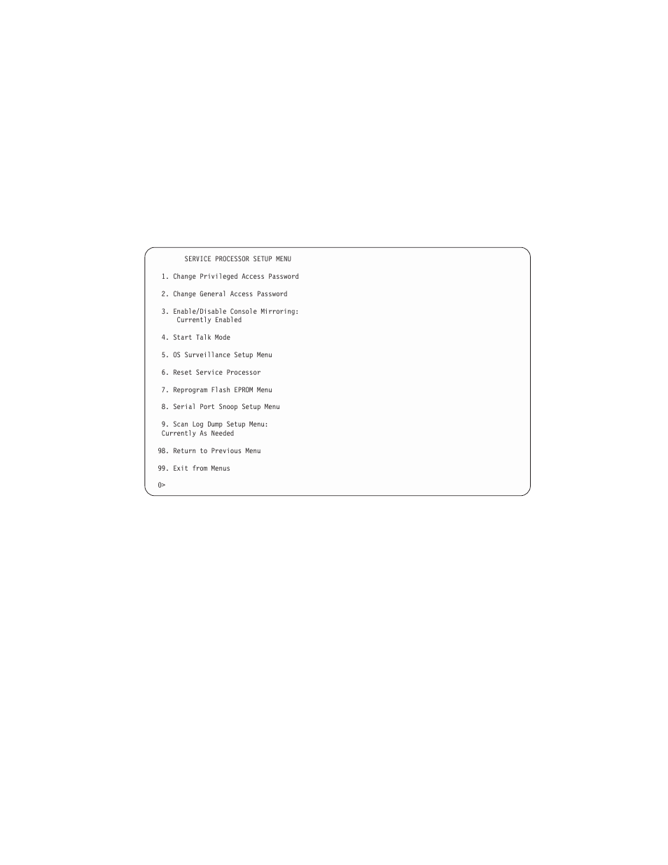 Service processor setup menu | IBM 6C4 User Manual | Page 51 / 233