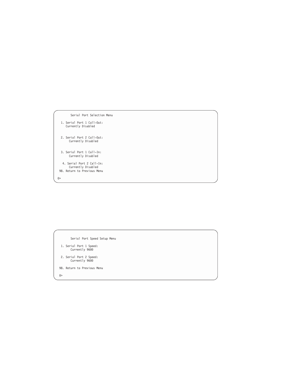Serial port selection menu, Serial port speed setup menu | IBM 6C4 User Manual | Page 72 / 233