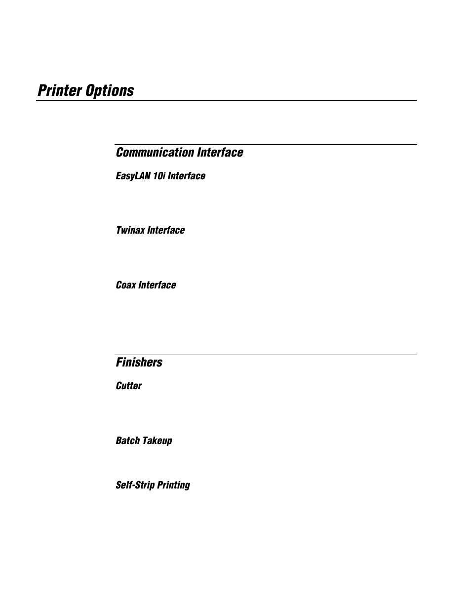 Printer options, Communication interface, Finishers | IBM EasyCoder 3400e User Manual | Page 100 / 150