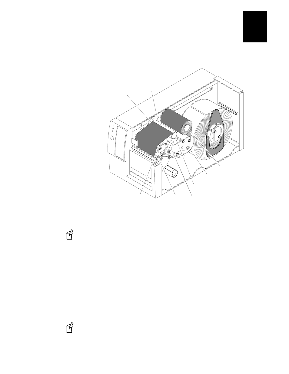 Nugfont, Operating the printer 2-11, Loading thermal transfer ribbon | IBM EasyCoder 3400e User Manual | Page 43 / 150