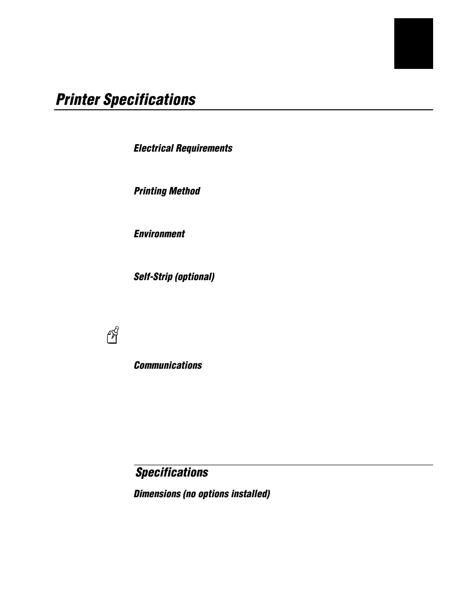 Printer specifications, Specifications | IBM EasyCoder 3400e User Manual | Page 97 / 150