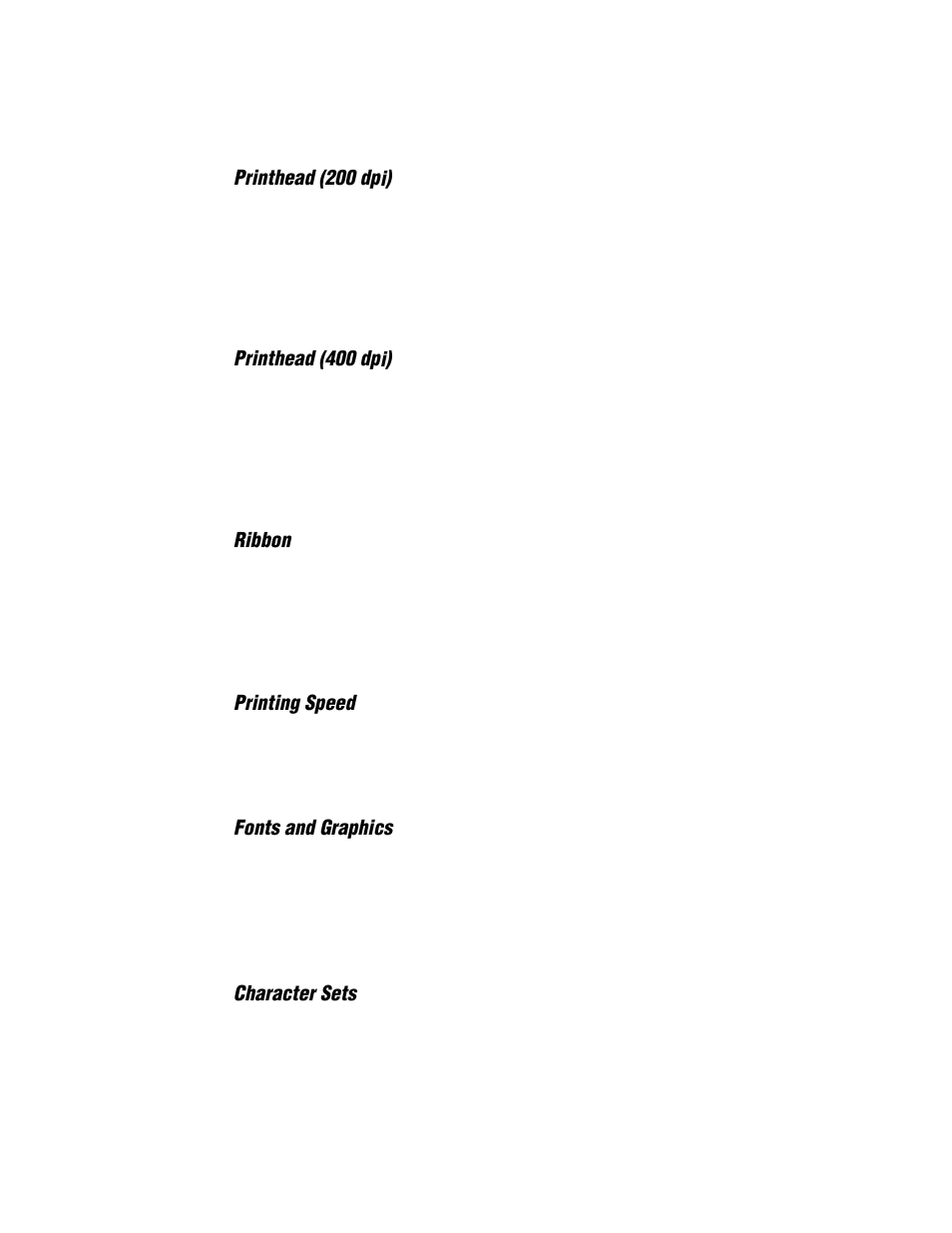 Printhead (200 dpi), Printhead (400 dpi), Ribbon | Printing speed, Fonts and graphics, Character sets | IBM EasyCoder 3400e User Manual | Page 98 / 150