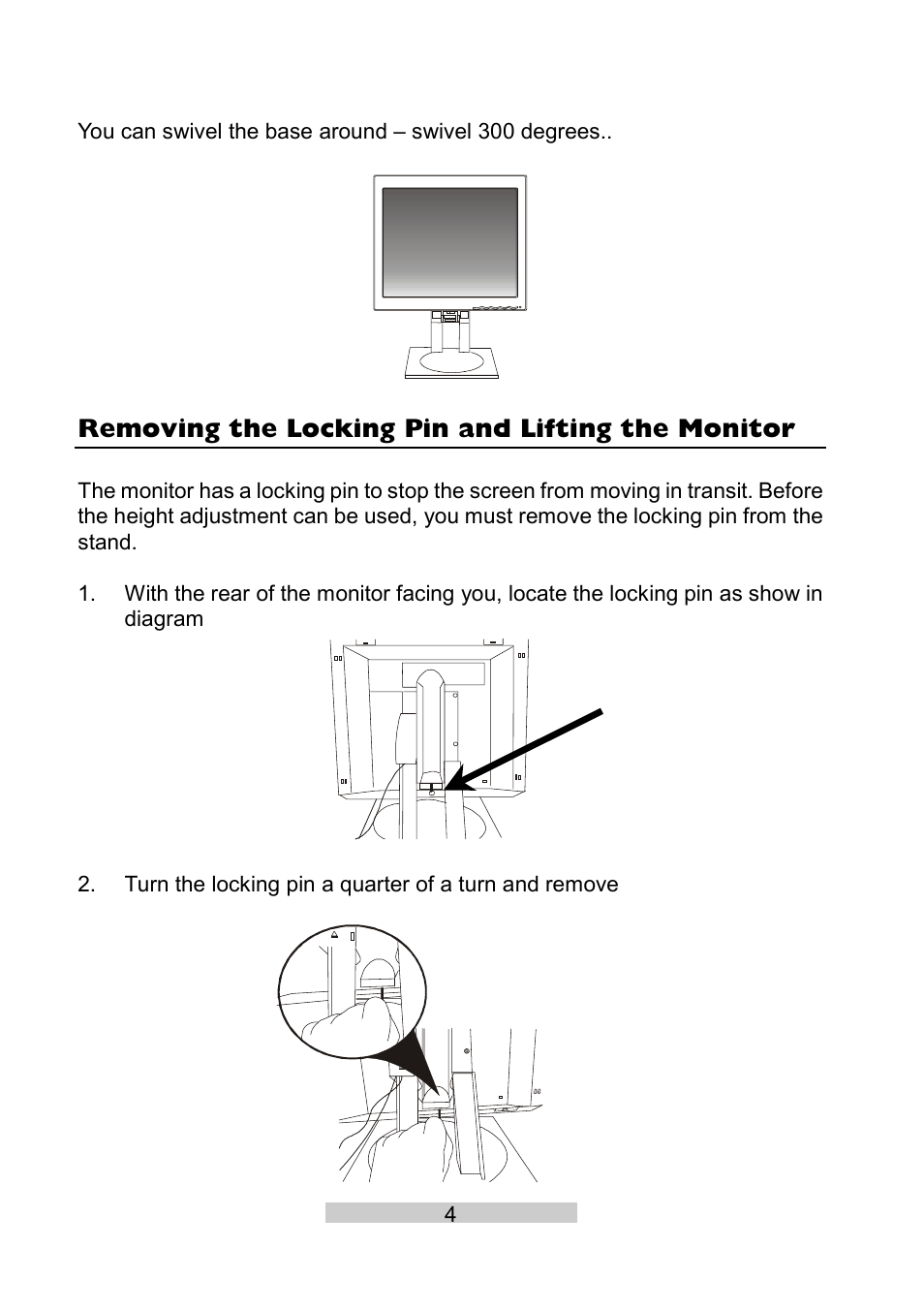 Removing the locking pin and lifting the monitor | IBM T86A User Manual | Page 15 / 61