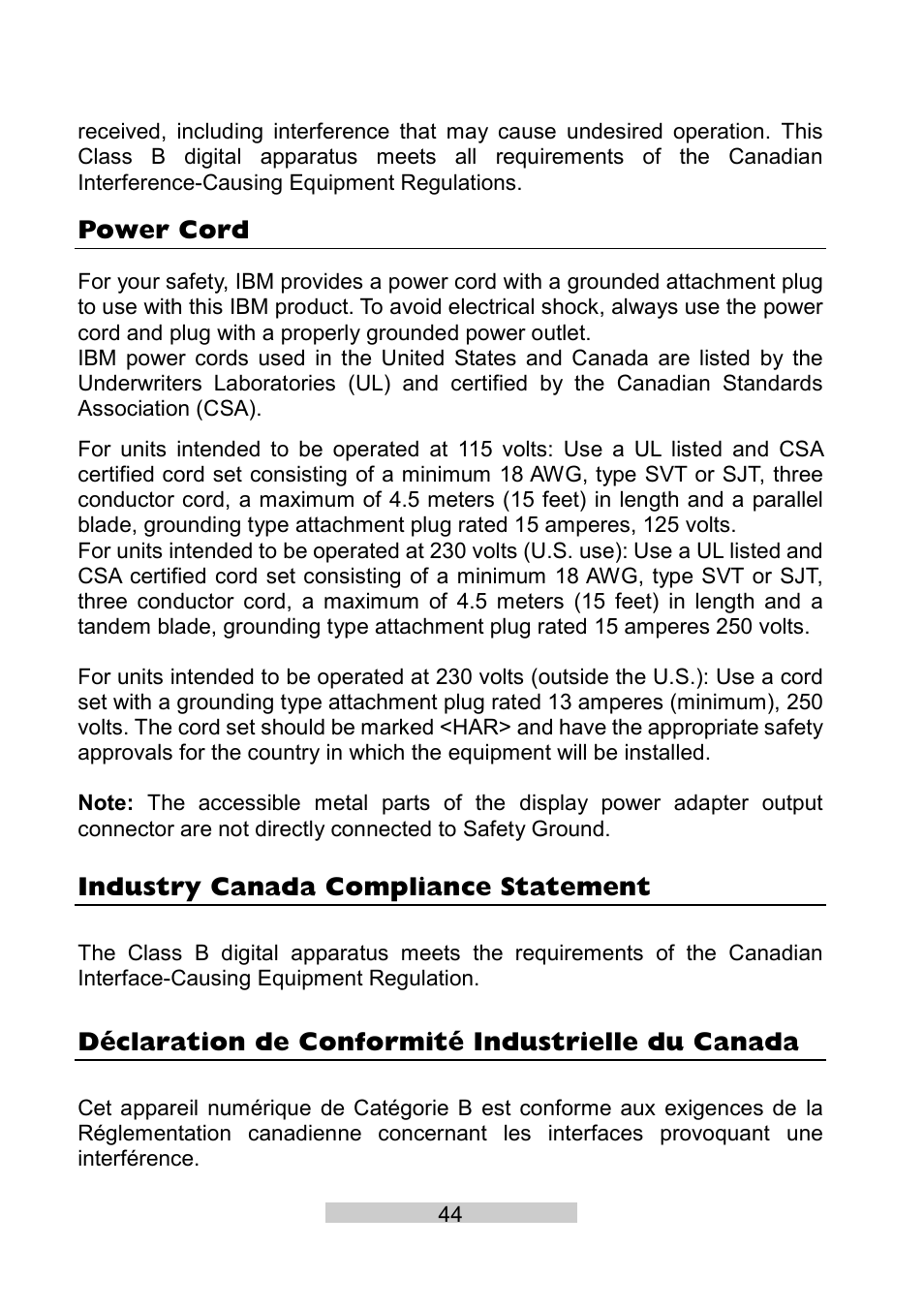Power cord, Industry canada compliance statement, Déclaration de conformité industrielle du canada | IBM T86A User Manual | Page 55 / 61
