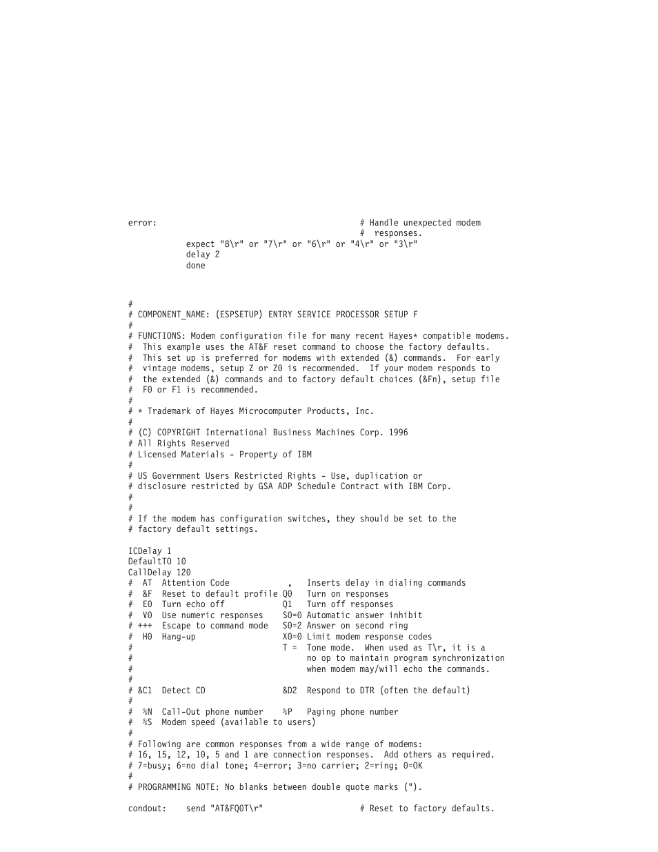 Sample file modem_f.cfg | IBM RS/6000 44P User Manual | Page 200 / 216