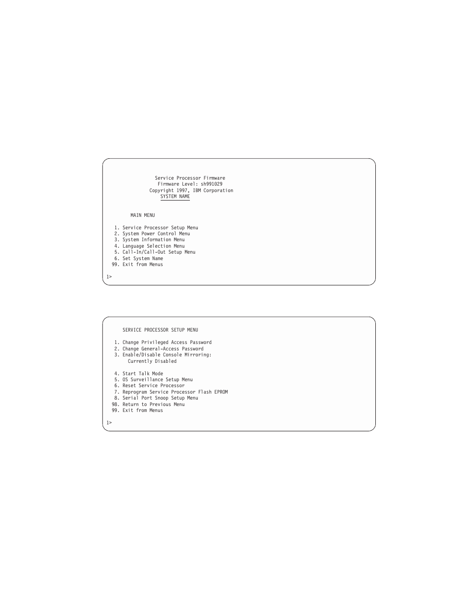 Service processor setup menu, Passwords | IBM RS/6000 44P User Manual | Page 63 / 216