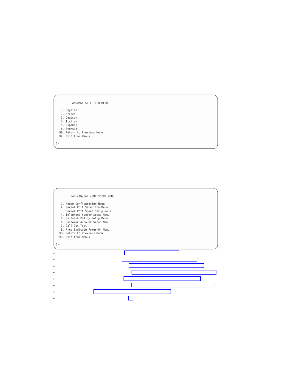 Call-in/call-out setup menu, Modem configuration menu | IBM RS/6000 44P User Manual | Page 72 / 216