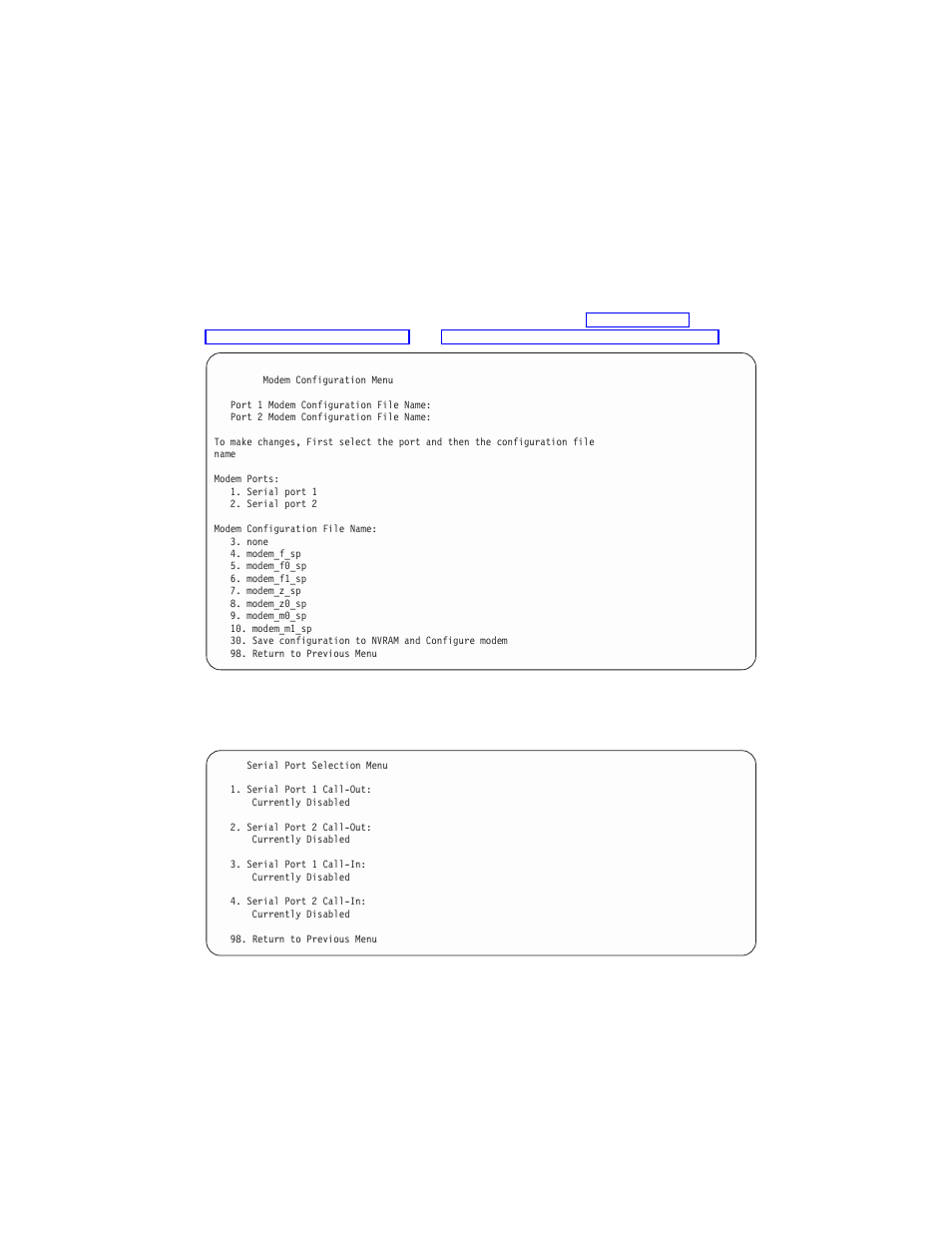 Serial port selection menu, Serial port speed setup menu | IBM RS/6000 44P User Manual | Page 73 / 216