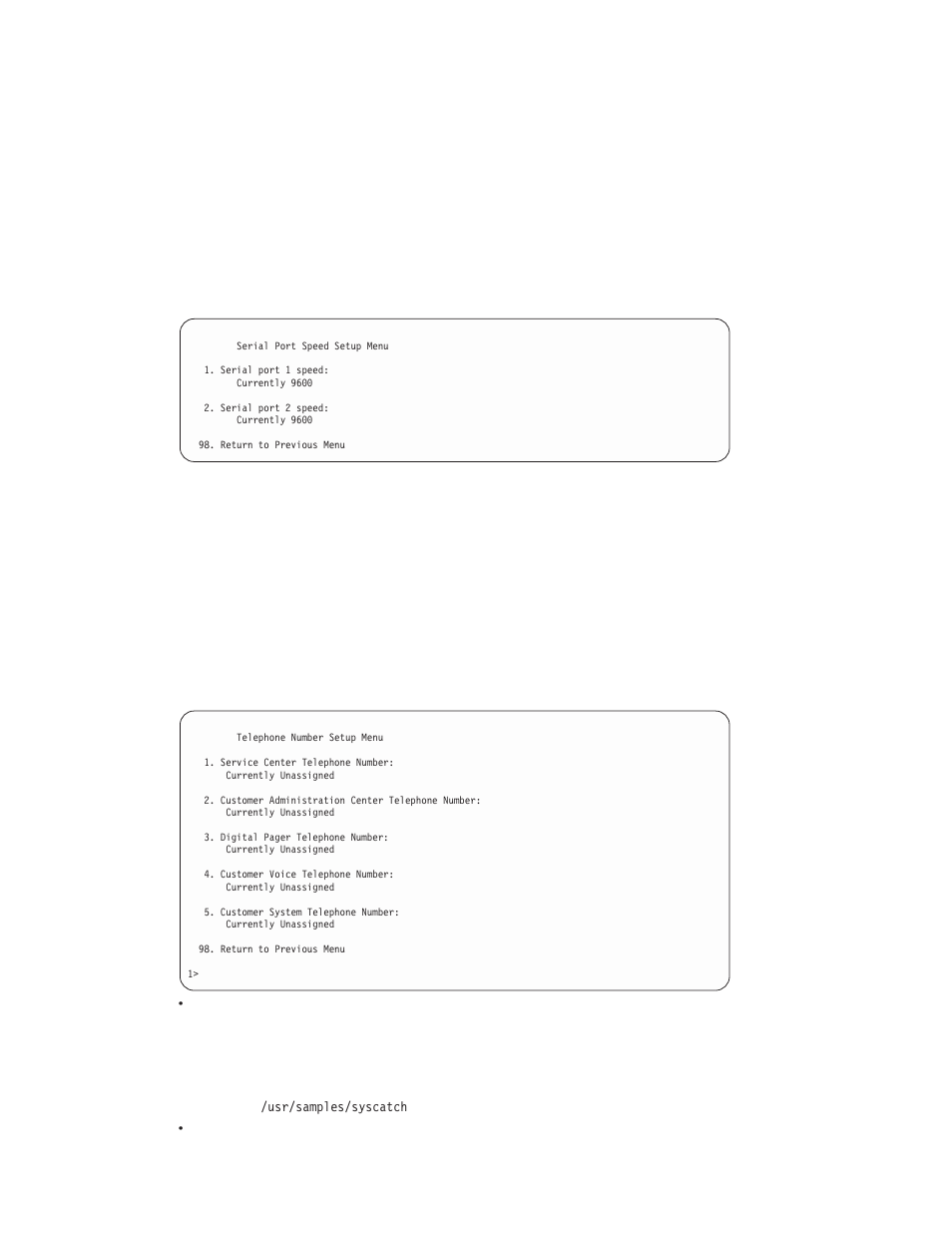 Telephone number setup menu | IBM RS/6000 44P User Manual | Page 74 / 216