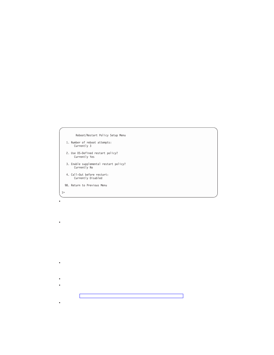 Reboot/restart policy setup menu | IBM RS/6000 44P User Manual | Page 77 / 216