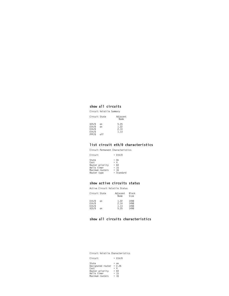 Dna iv configuration and monitoring commands 278, Example: list circuit eth/0 characteristics, Example: show active circuits status | IBM SC30-3865-04 User Manual | Page 308 / 513