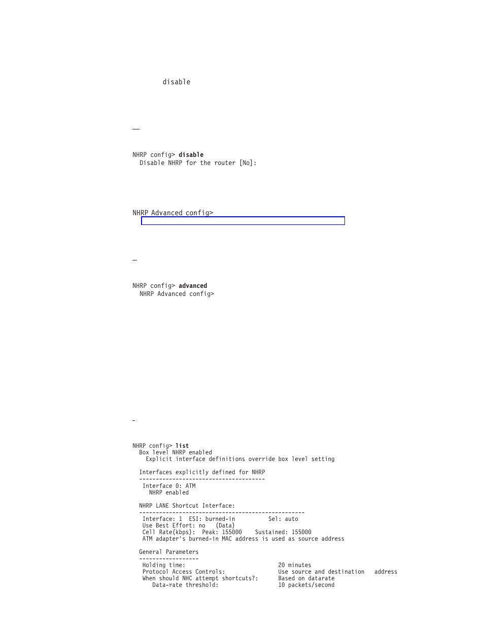 Disable nhrp advanced config list, Disable nhrp, Advanced config | List | IBM SC30-3865-04 User Manual | Page 390 / 513