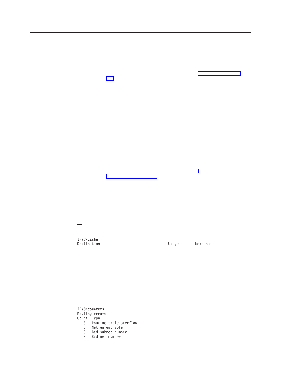 Ipv6 monitoring commands, Cache counters, Ipv6 monitoring command summary | Cache, Counters | IBM SC30-3865-04 User Manual | Page 428 / 513