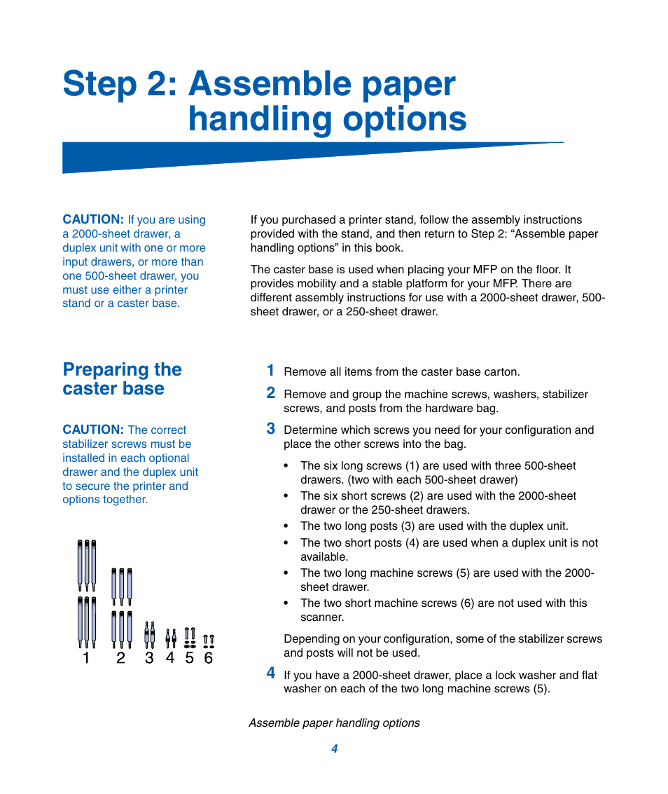 Step 2: assemble paper handling options, Preparing the caster base | IBM Infoprint M22 MFP User Manual | Page 10 / 62