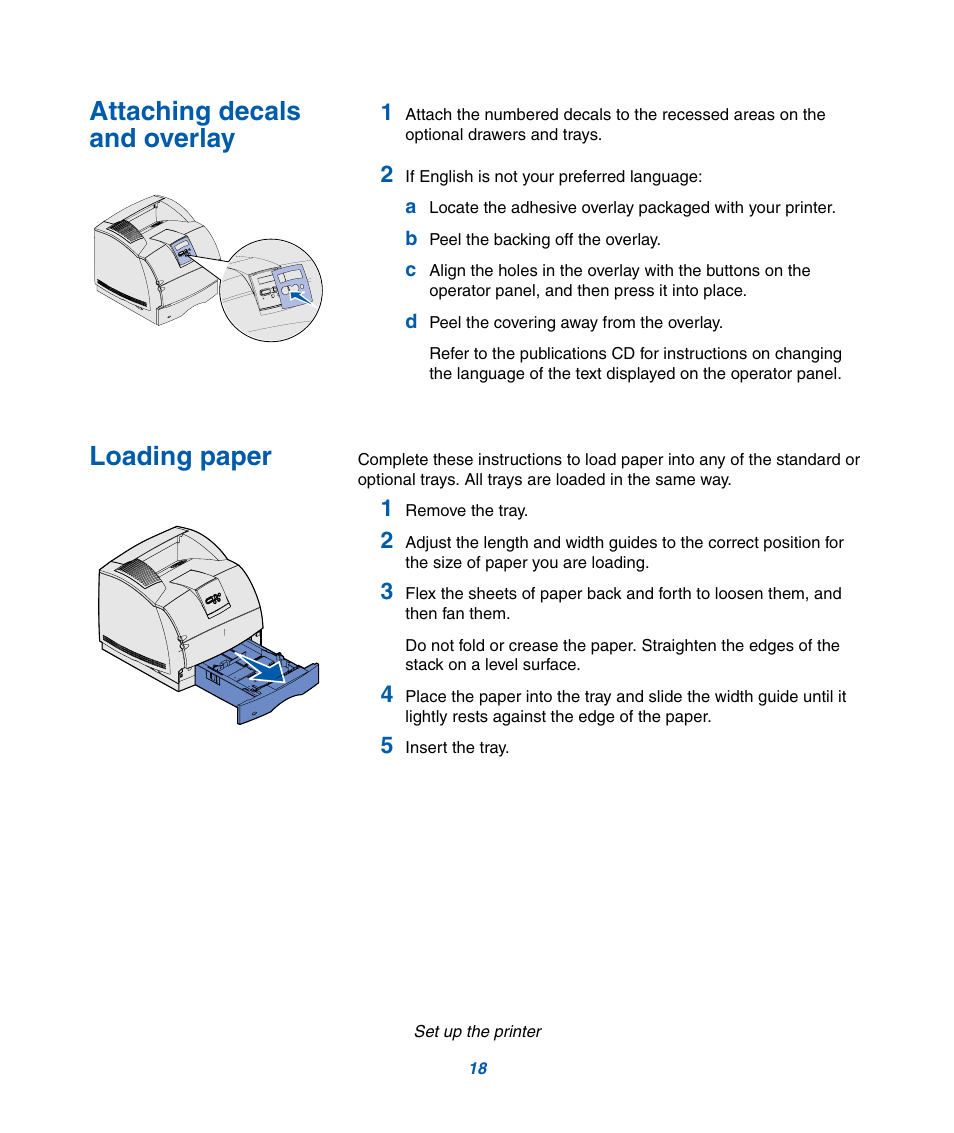 Attaching decals, And overlay, Loading paper | IBM Infoprint M22 MFP User Manual | Page 24 / 62