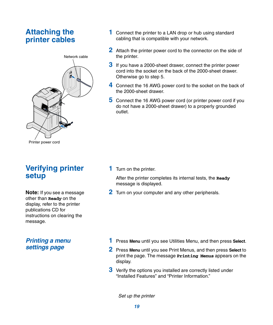 Attaching the printer cables, Verifying printer setup | IBM Infoprint M22 MFP User Manual | Page 25 / 62