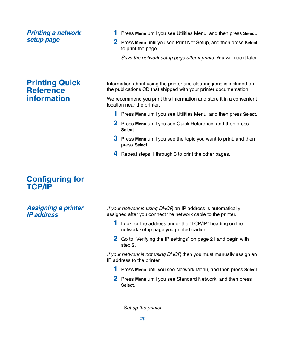 Printing a network setup page, Assigning a printer ip address | IBM Infoprint M22 MFP User Manual | Page 26 / 62