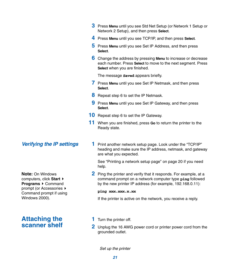 Attaching the scanner shelf, Verifying the ip settings | IBM Infoprint M22 MFP User Manual | Page 27 / 62