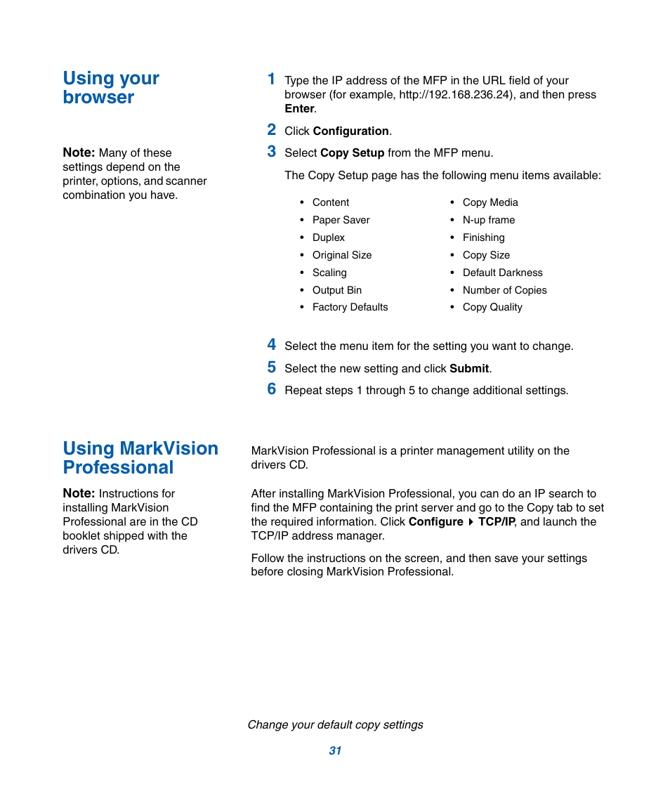 Using your browser, Using markvision, Professional | IBM Infoprint M22 MFP User Manual | Page 37 / 62