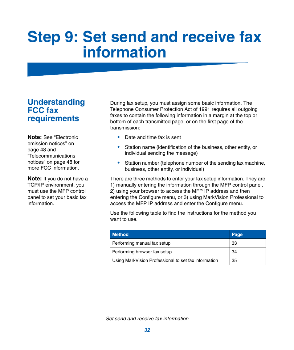 Step 9: set send and receive fax information, Understanding fcc fax requirements | IBM Infoprint M22 MFP User Manual | Page 38 / 62