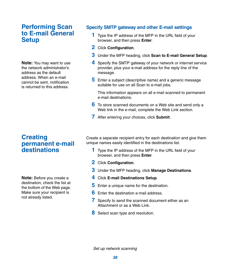 Performing scan to e-mail general setup, Creating permanent e-mail destinations | IBM Infoprint M22 MFP User Manual | Page 44 / 62