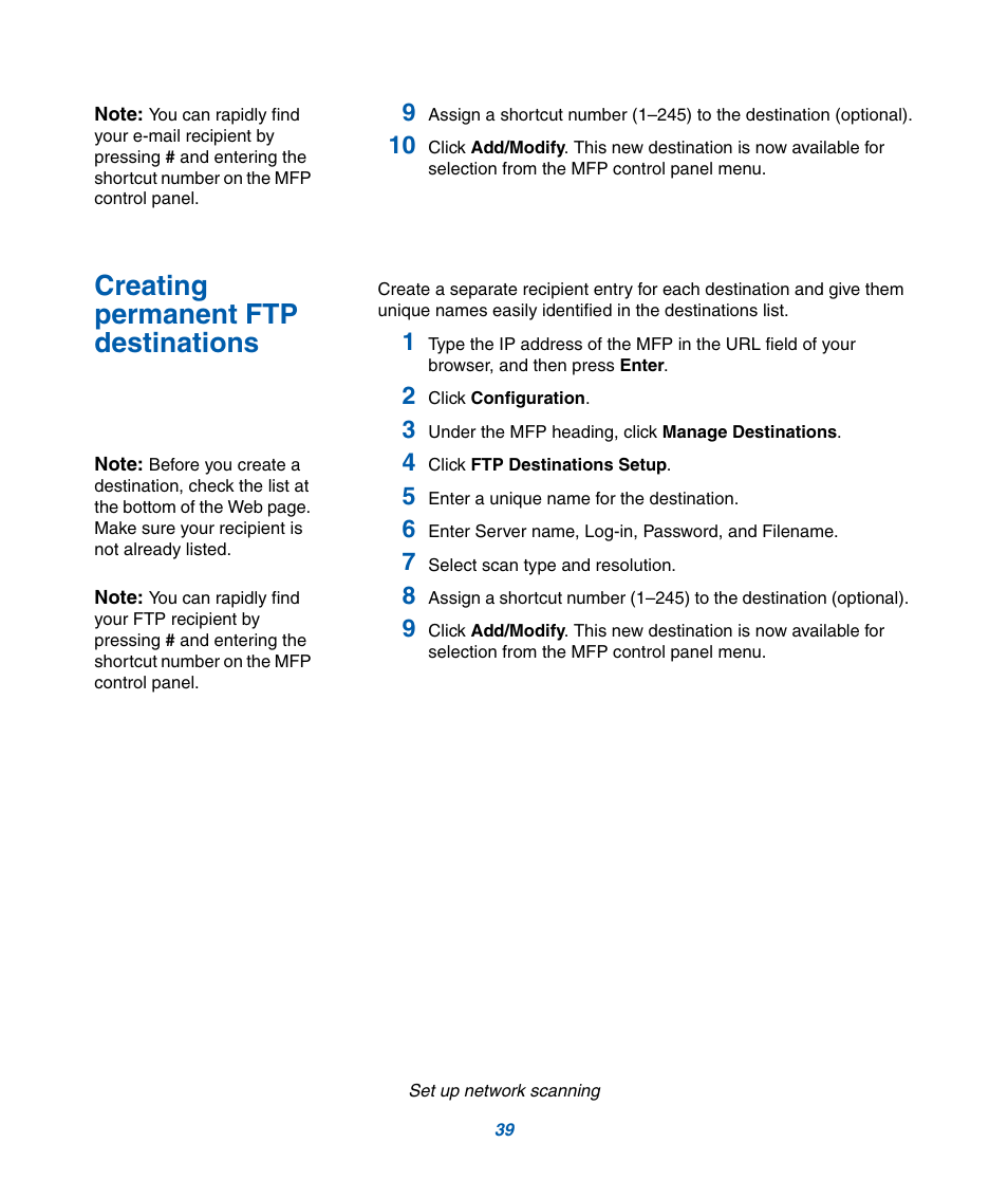 Creating permanent ftp destinations | IBM Infoprint M22 MFP User Manual | Page 45 / 62