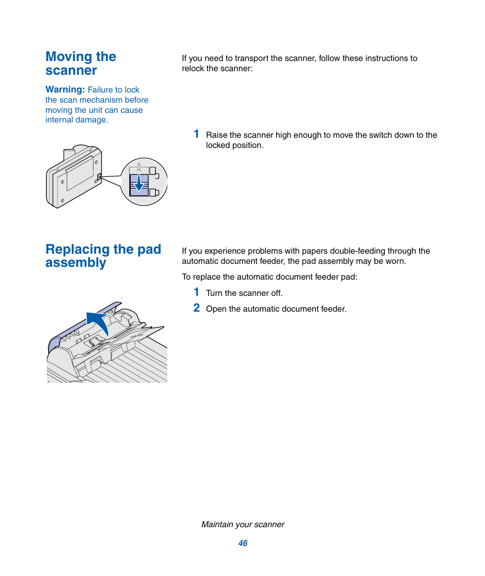 Moving the, Scanner, Replacing the pad | Assembly | IBM Infoprint M22 MFP User Manual | Page 52 / 62