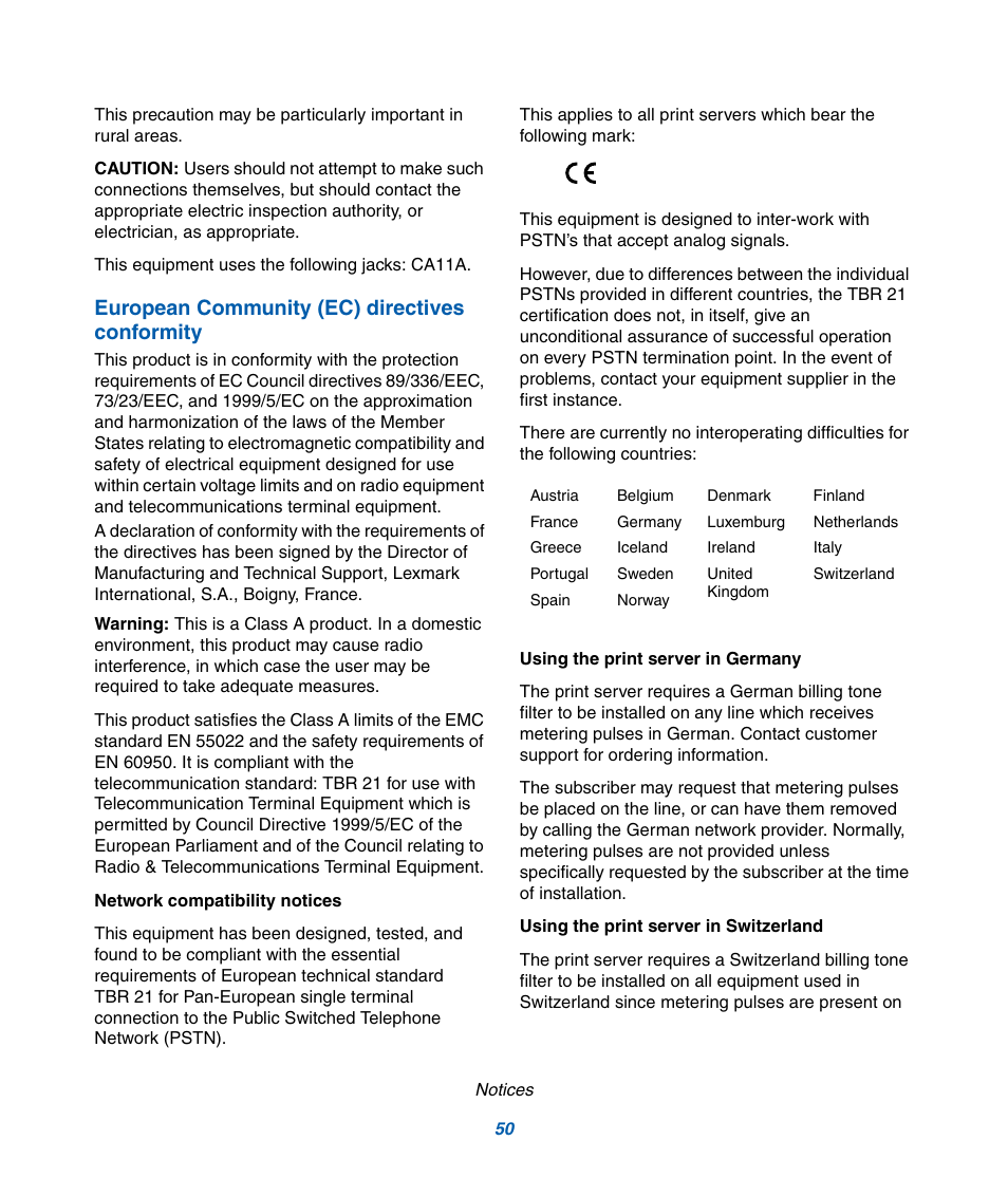 European community (ec) directives conformity | IBM Infoprint M22 MFP User Manual | Page 56 / 62