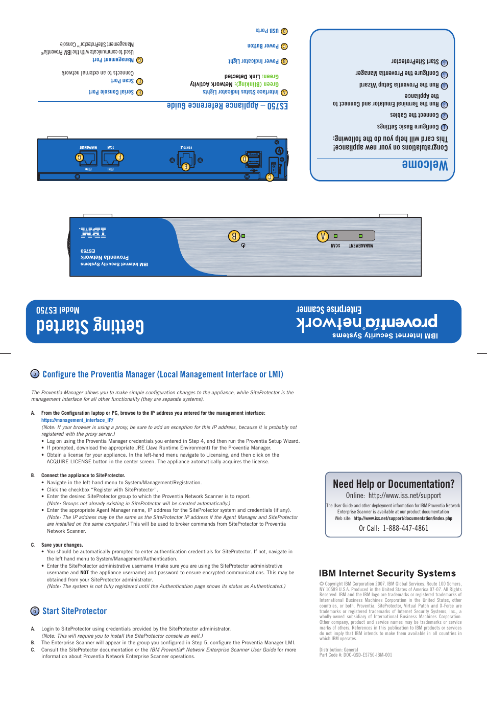 Getting started, Welcome, Need help or documentation | Model es750, Es7 50 – a ppl ian ce ref ere nce gu ide, Start siteprotector | IBM MANAGEMENT SITEPROTECTOR ES750 User Manual | Page 3 / 3