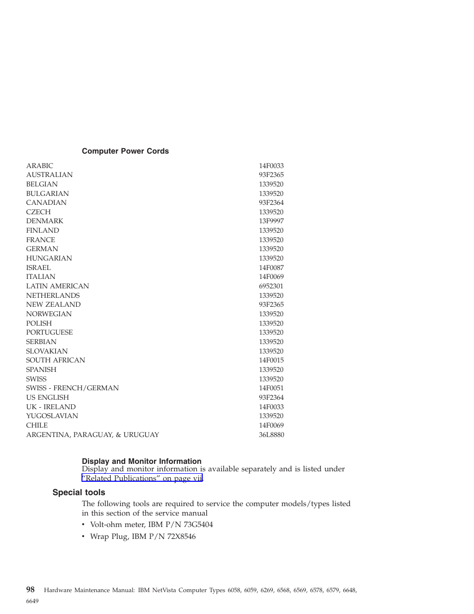 Computer power cords, Display and monitor information, Special tools | IBM 6648 User Manual | Page 112 / 248