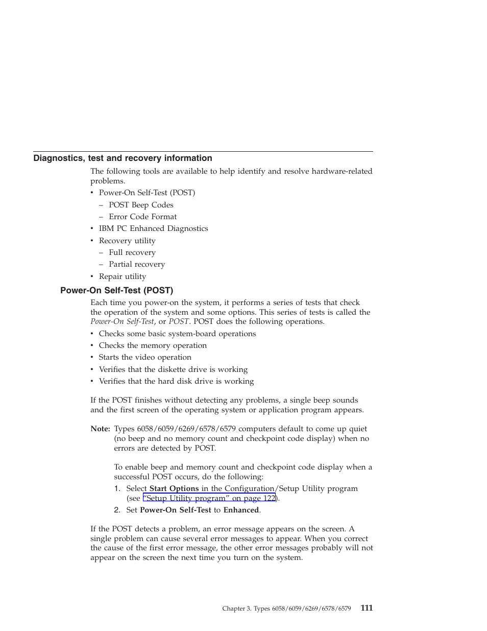 Diagnostics, test and recovery information, Power-on self-test (post) | IBM 6648 User Manual | Page 125 / 248