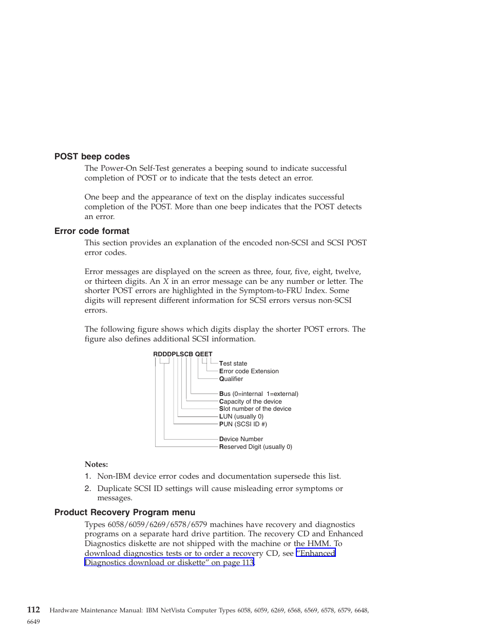 Post beep codes, Error code format, Product recovery program menu | IBM 6648 User Manual | Page 126 / 248