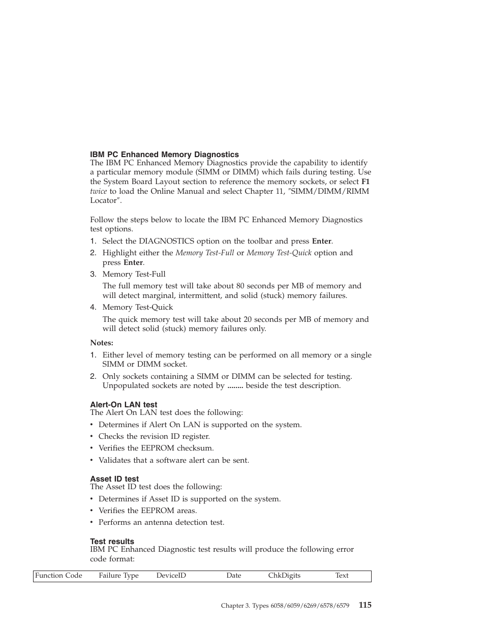 Ibm pc enhanced memory diagnostics, Alert-on lan test, Asset id test | Test results | IBM 6648 User Manual | Page 129 / 248